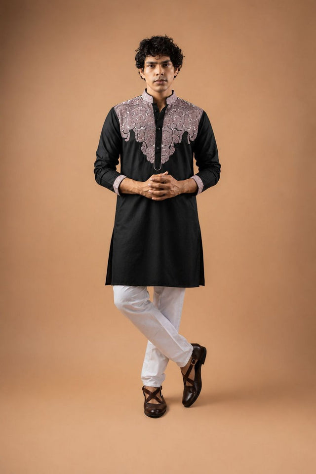Mens Black Embroidered Silk Blend Kurta Set (ACB1041)