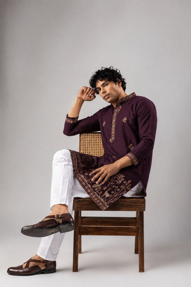 Mens Wine Embroidered Silk Blend Kurta Set (ACB1042)
