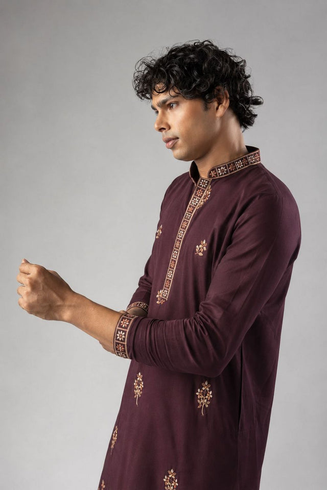 Mens Wine Embroidered Silk Blend Kurta Set (ACB1042)