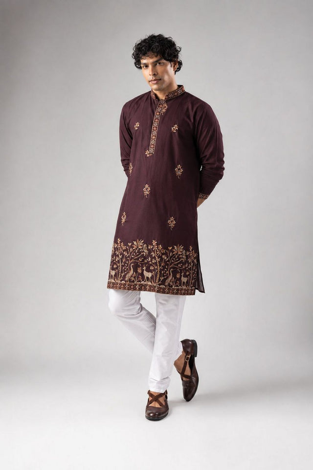 Mens Wine Embroidered Silk Blend Kurta Set (ACB1042)