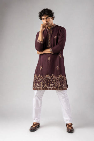 Mens Wine Embroidered Silk Blend Kurta Set (ACB1042)