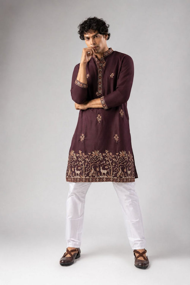 Mens Wine Embroidered Silk Blend Kurta Set (ACB1042)