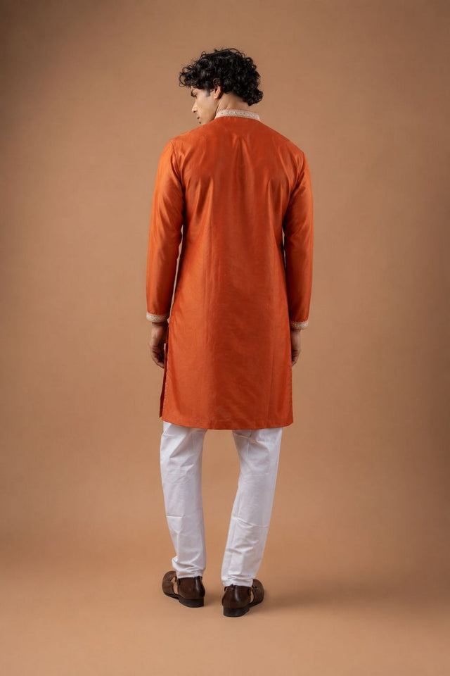 Mens Orange Embroidered Silk Blend Kurta Set (ACB1043)