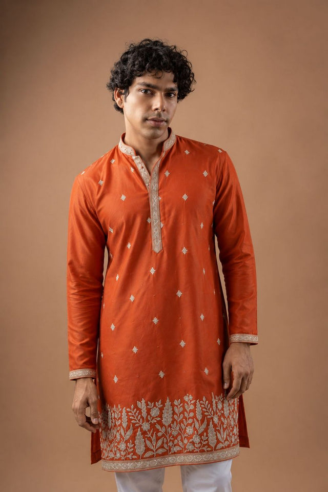 Mens Orange Embroidered Silk Blend Kurta Set (ACB1043)