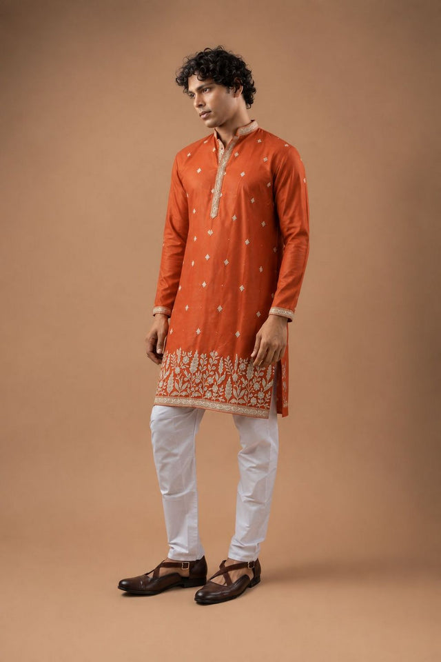 Mens Orange Embroidered Silk Blend Kurta Set (ACB1043)