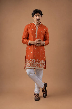 Mens Orange Embroidered Silk Blend Kurta Set (ACB1043)