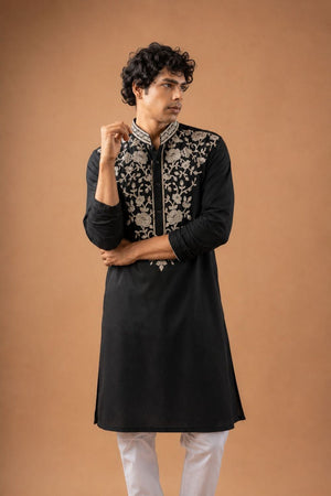 Mens Black Embroidered Silk Blend Kurta Set (ACB1044)