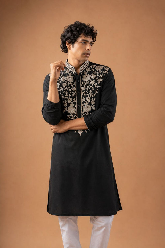 Mens Black Embroidered Silk Blend Kurta Set (ACB1044)