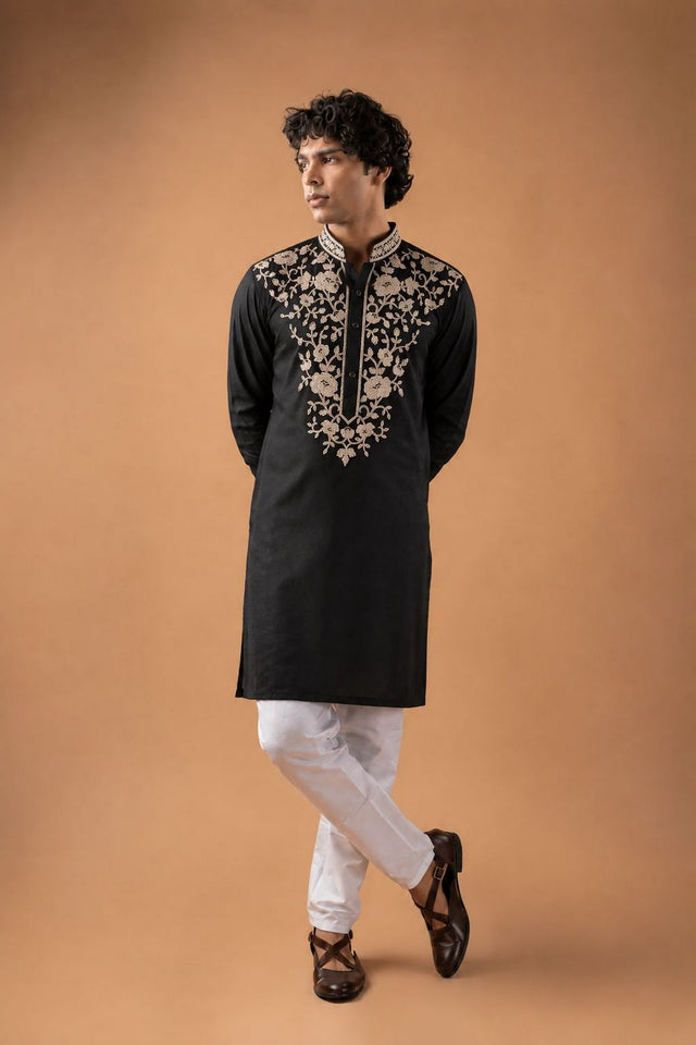 Mens Black Embroidered Silk Blend Kurta Set (ACB1044)