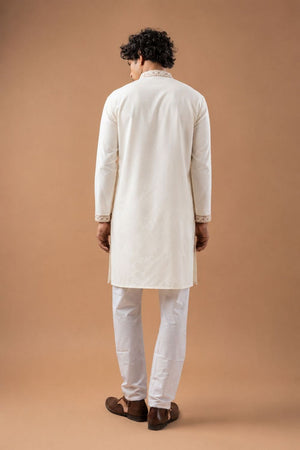Mens White Embroidered Silk Blend Kurta Set (ACB1045)