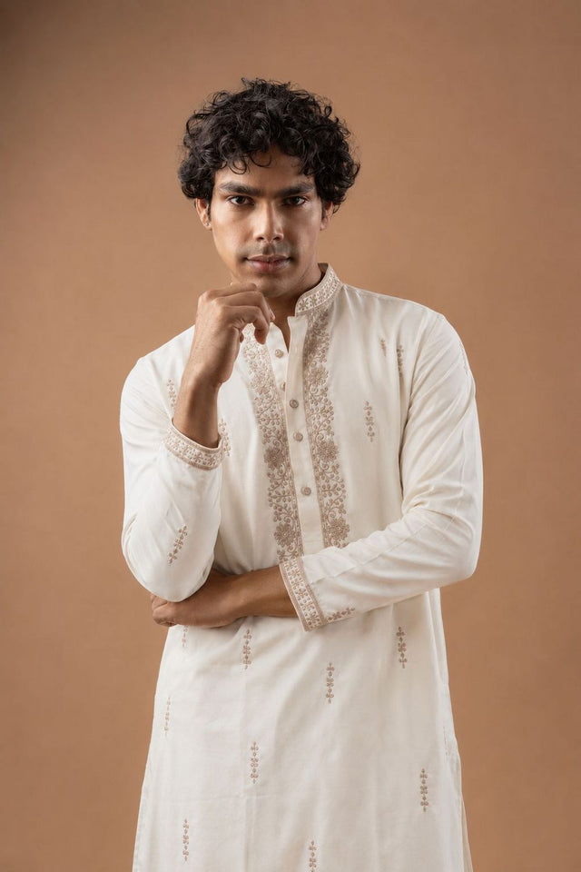 Mens White Embroidered Silk Blend Kurta Set (ACB1045)