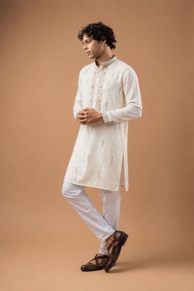 Mens White Embroidered Silk Blend Kurta Set (ACB1045)