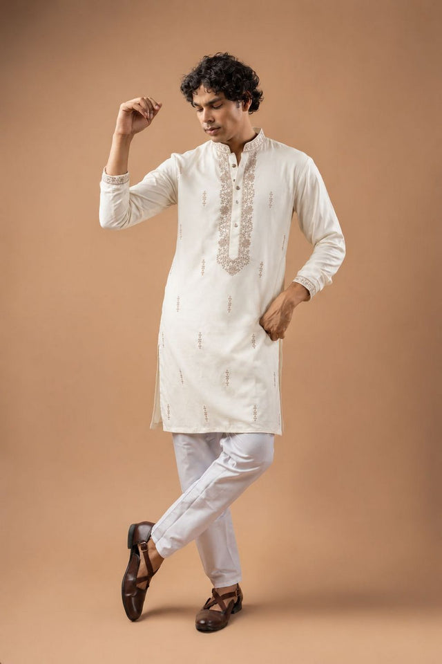 Mens White Embroidered Silk Blend Kurta Set (ACB1045)