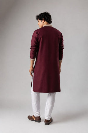 Mens Wine Embroidered Silk Blend Kurta Set (ACB1046)