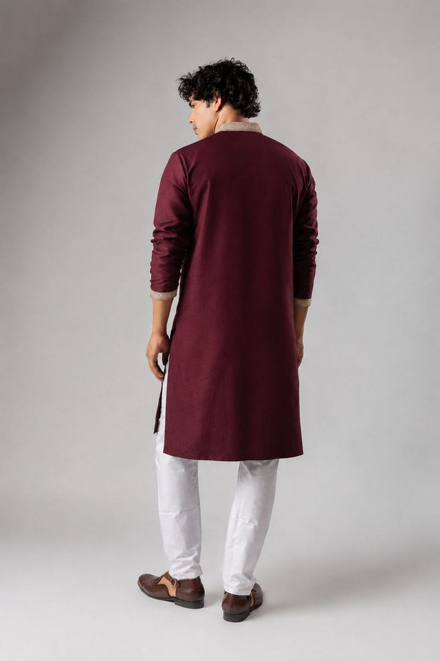 Mens Wine Embroidered Silk Blend Kurta Set (ACB1046)