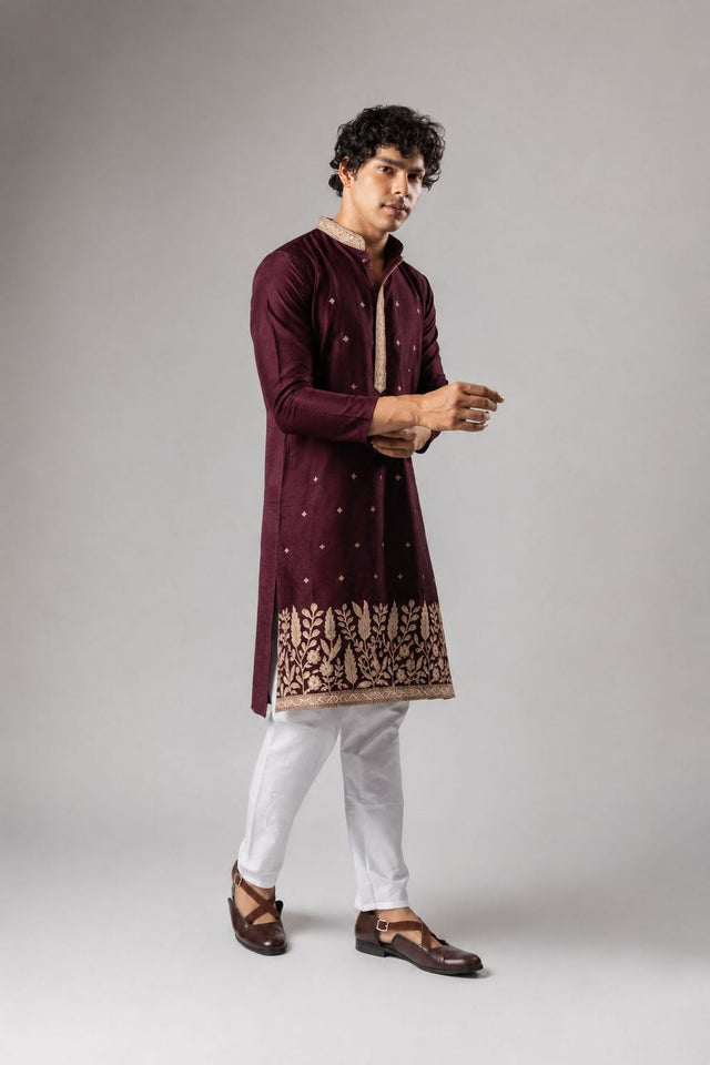 Mens Wine Embroidered Silk Blend Kurta Set (ACB1046)