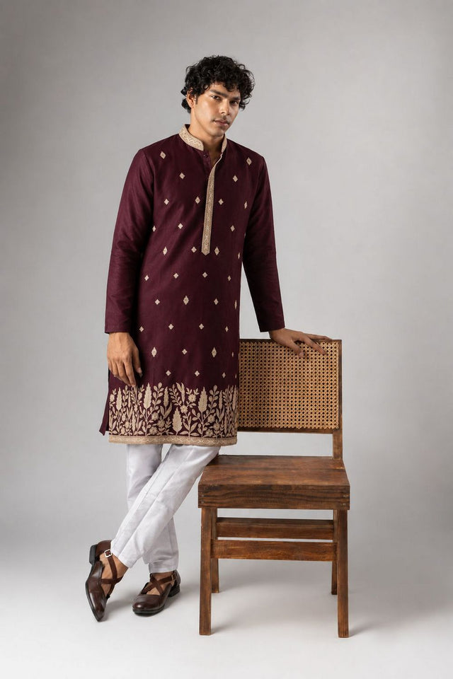 Mens Wine Embroidered Silk Blend Kurta Set (ACB1046)