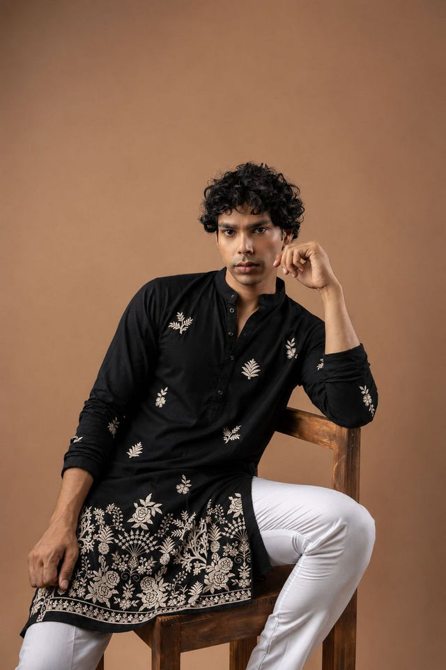 Mens Black Embroidered Silk Blend Kurta Set (ACB1047)