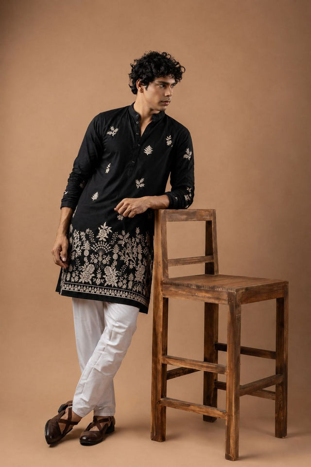 Mens Black Embroidered Silk Blend Kurta Set (ACB1047)