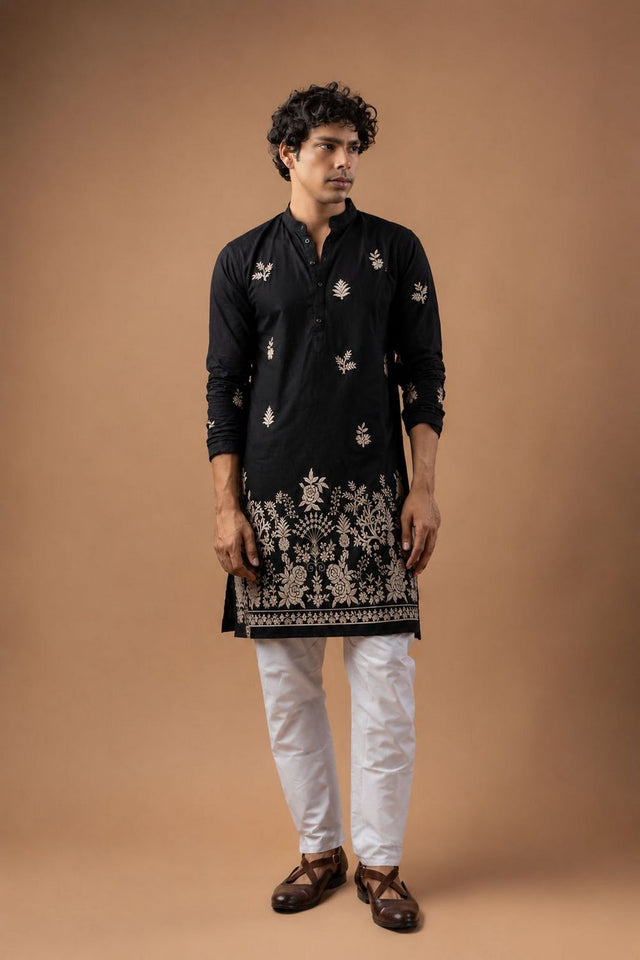 Mens Black Embroidered Silk Blend Kurta Set (ACB1047)