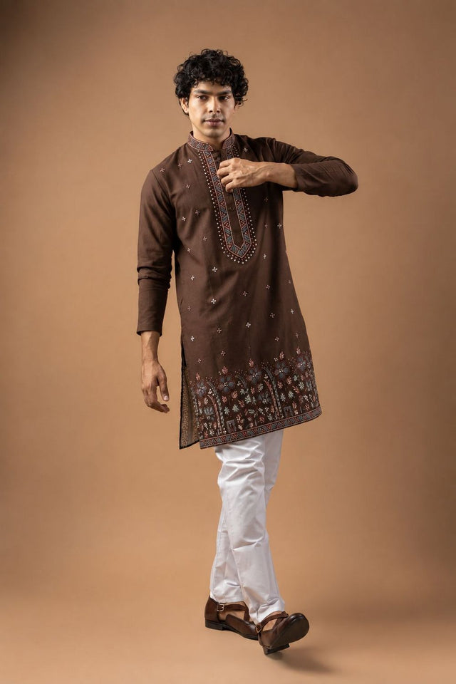 Mens Brown Embroidered Silk Blend Kurta Set (ACB1048)