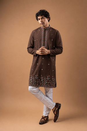 Mens Brown Embroidered Silk Blend Kurta Set (ACB1048)