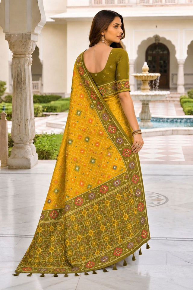 Yellow Floral Woven Silk Saree (ACB1061)