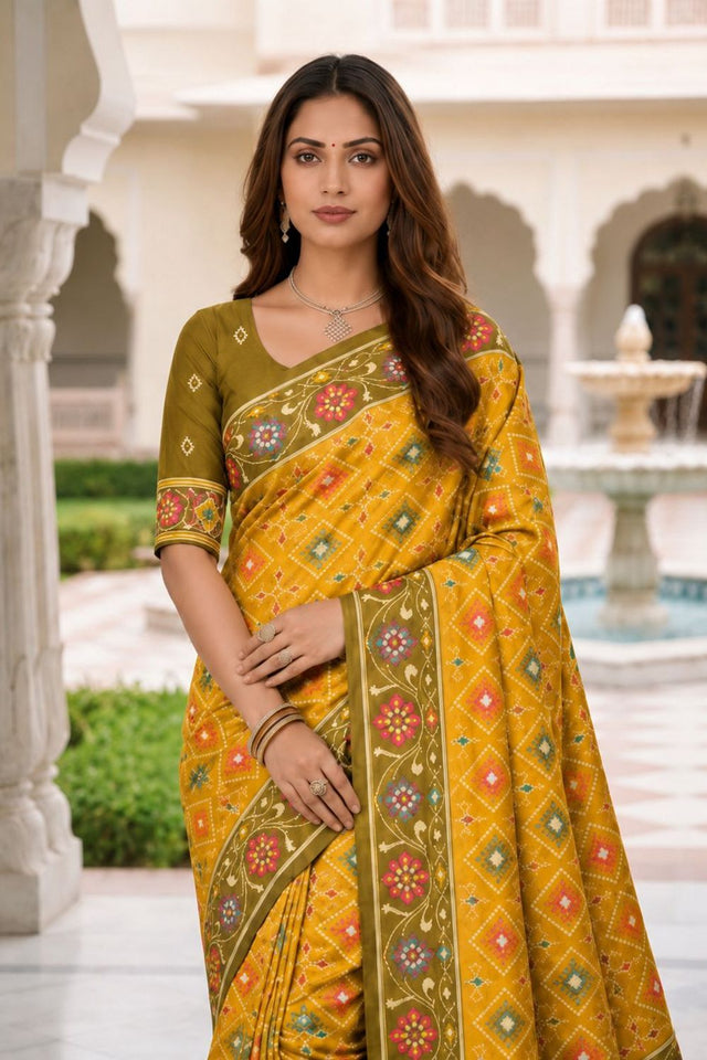 Yellow Floral Woven Silk Saree (ACB1061)