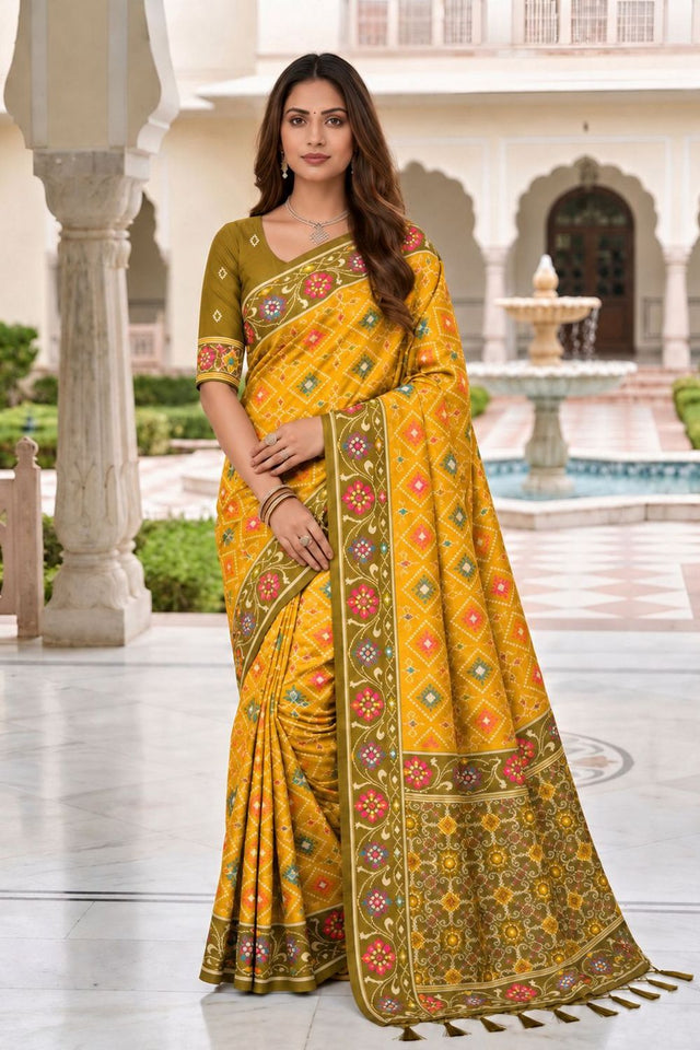 Yellow Floral Woven Silk Saree (ACB1061)
