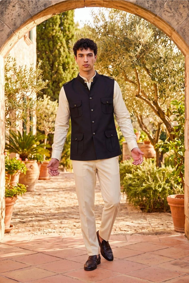 Mens Black Solid Jute Nehru Jacket (ACB1062)