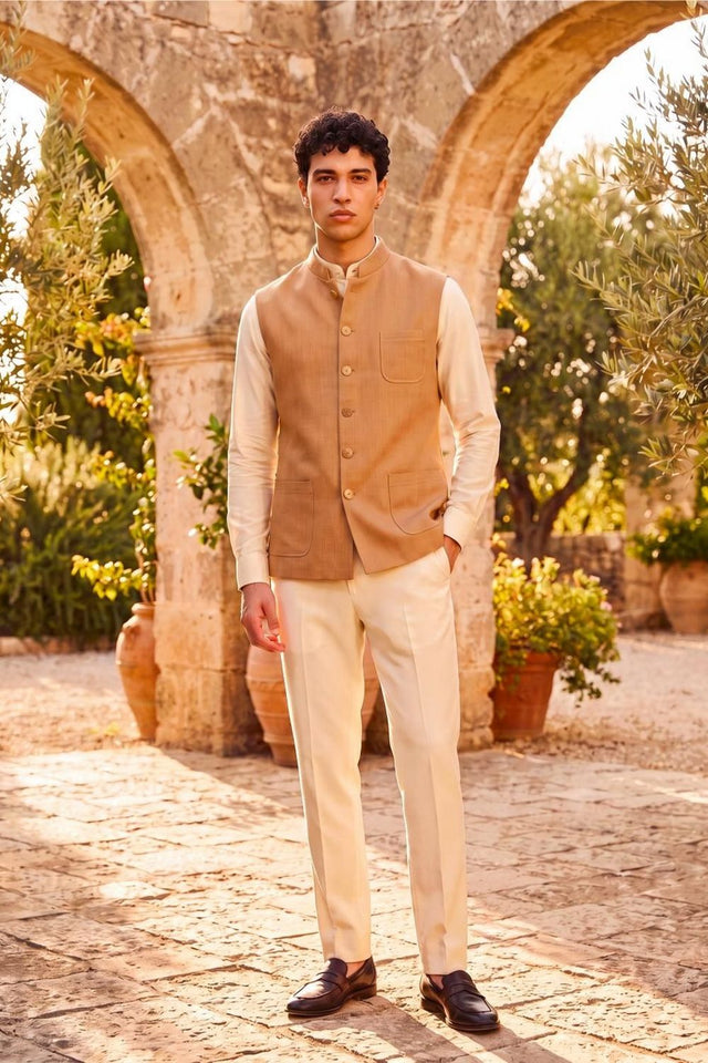 Mens Peach Solid Jute Nehru Jacket (ACB1063)