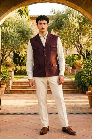 Mens Brown Solid Jute Nehru Jacket (ACB1064)
