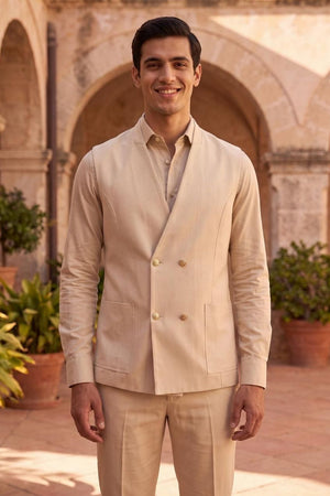 Mens Cream Solid Jute Nehru Jacket (ACB1065)