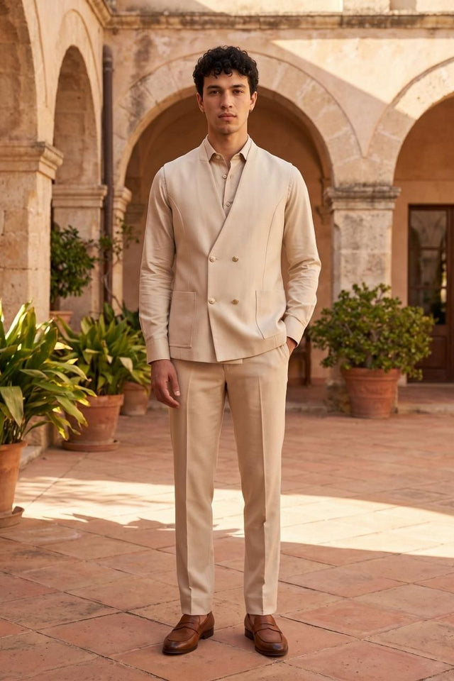 Mens Cream Solid Jute Nehru Jacket (ACB1065)