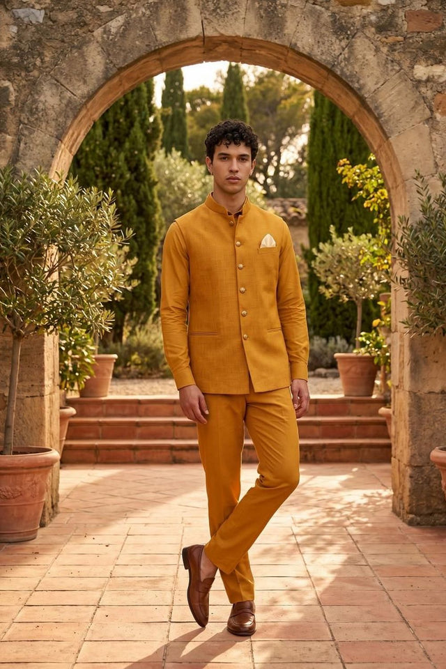Mens Mustard Solid Jute Nehru Jacket (ACB1066)