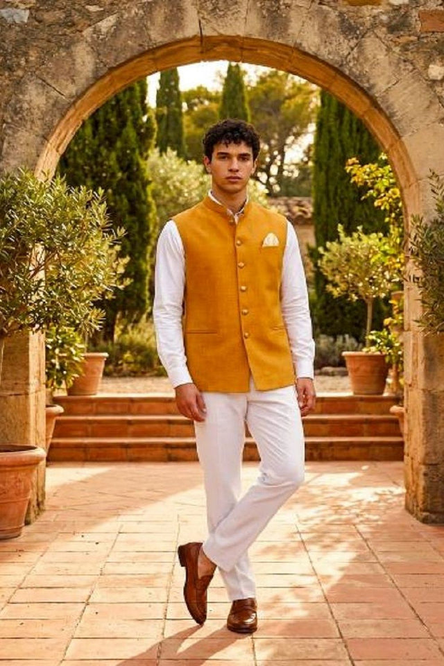 Mens Mustard Solid Jute Nehru Jacket (ACB1066)