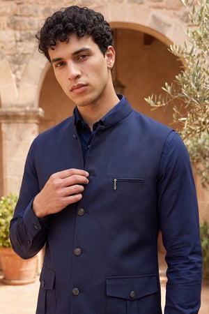 Mens Navy Blue Solid Jute Nehru Jacket (ACB1067)
