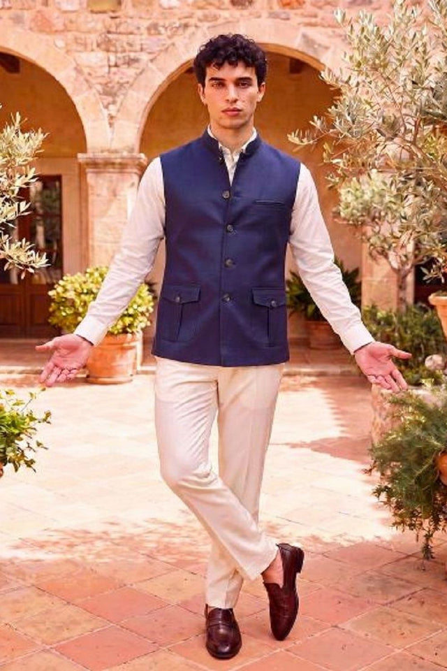 Mens Navy Blue Solid Jute Nehru Jacket (ACB1067)