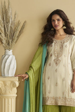 Off White Sequin with Embroidered Chinon Free Size Stitched Sharara Suit (ACB1069)