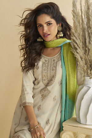 Off White Sequin with Embroidered Chinon Free Size Stitched Sharara Suit (ACB1069)
