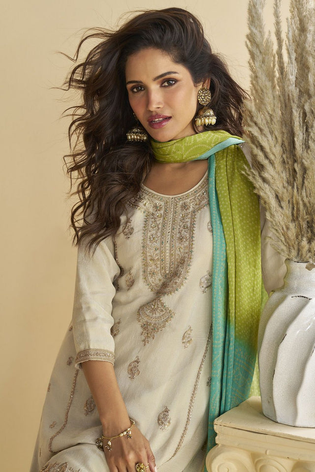Off White Sequin with Embroidered Chinon Free Size Stitched Sharara Suit (ACB1069)
