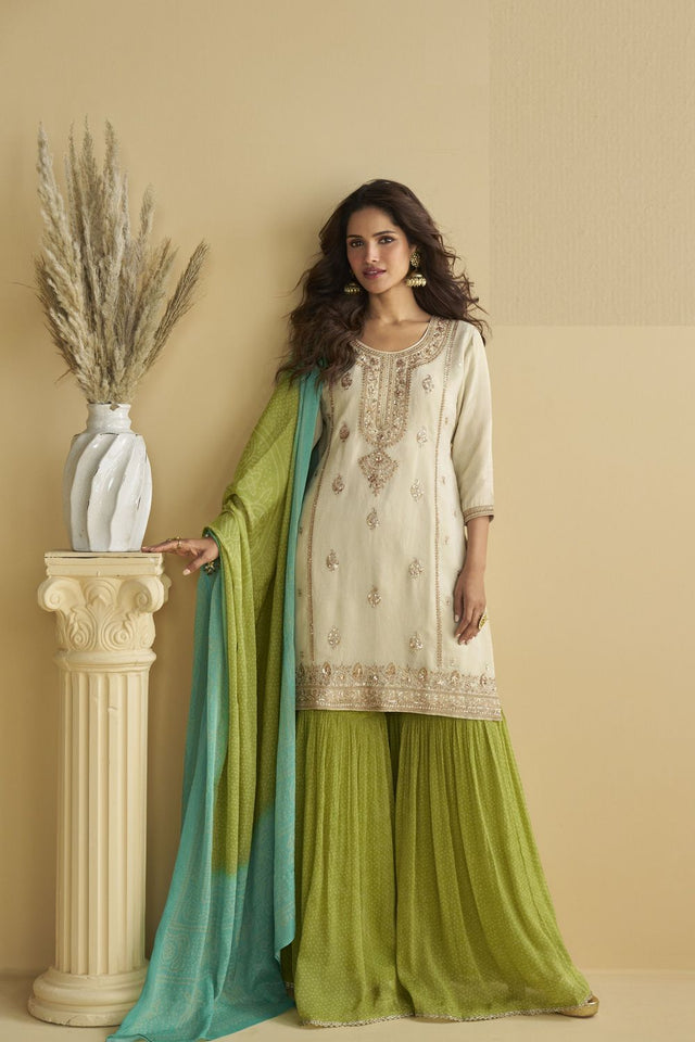 Off White Sequin with Embroidered Chinon Free Size Stitched Sharara Suit (ACB1069)