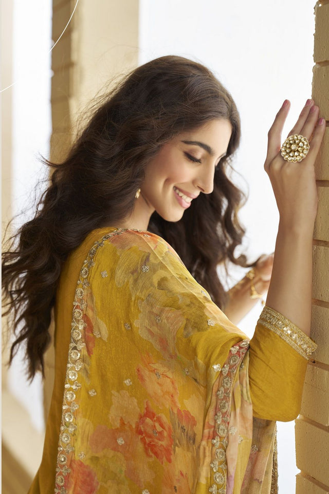 Mustard Sequin with Embroidered Chinon Free Size Stitched Sharara Suit (ACB1070)