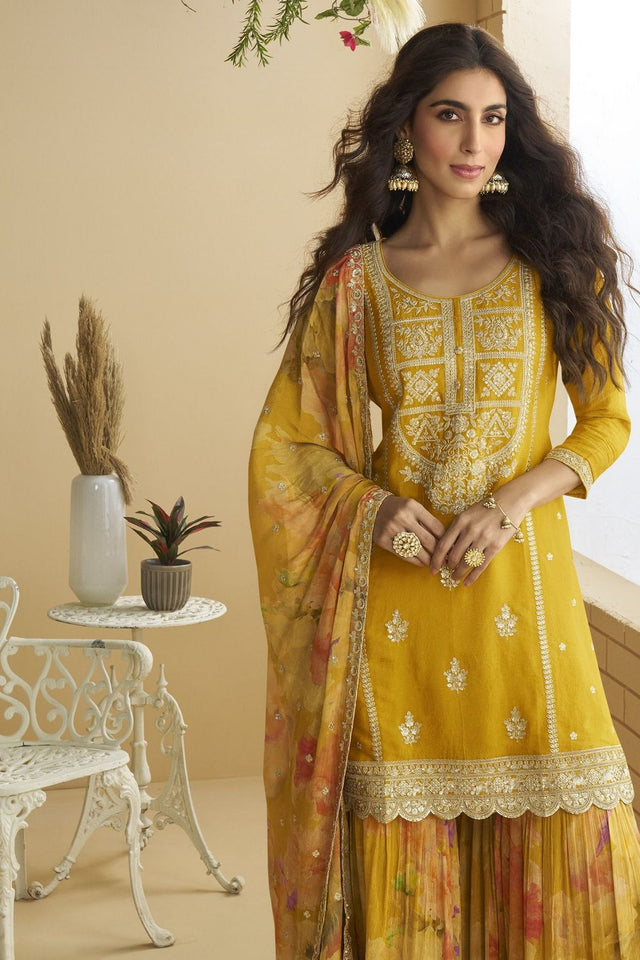 Mustard Sequin with Embroidered Chinon Free Size Stitched Sharara Suit (ACB1070)