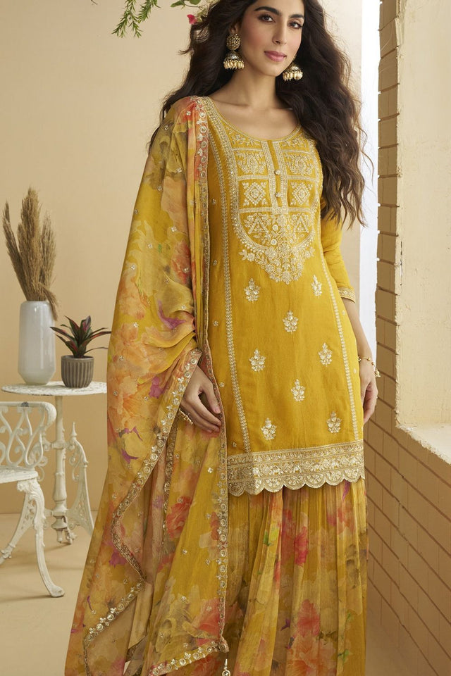 Mustard Sequin with Embroidered Chinon Free Size Stitched Sharara Suit (ACB1070)