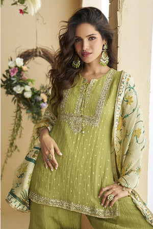 Green Sequin with Embroidered Chinon Free Size Stitched Sharara Suit (ACB1071)