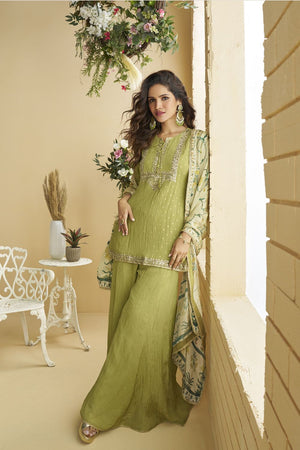 Green Sequin with Embroidered Chinon Free Size Stitched Sharara Suit (ACB1071)