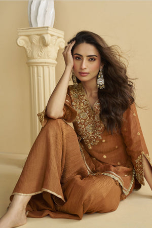 Brown Sequin with Embroidered Chinon Free Size Stitched Sharara Suit (ACB1072)