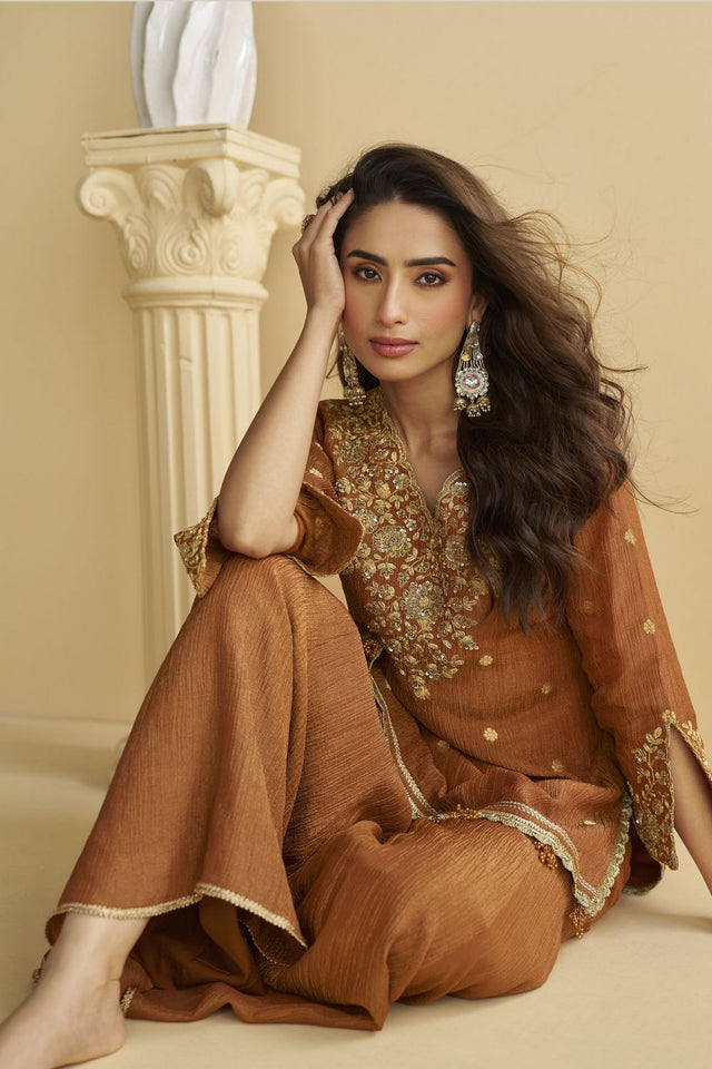 Brown Sequin with Embroidered Chinon Free Size Stitched Sharara Suit (ACB1072)