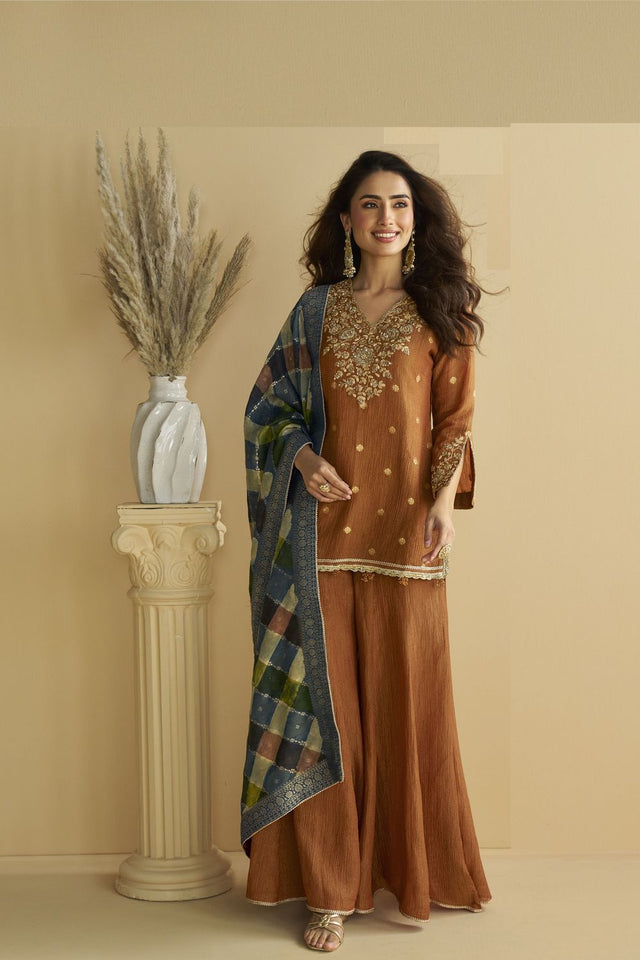 Brown Sequin with Embroidered Chinon Free Size Stitched Sharara Suit (ACB1072)